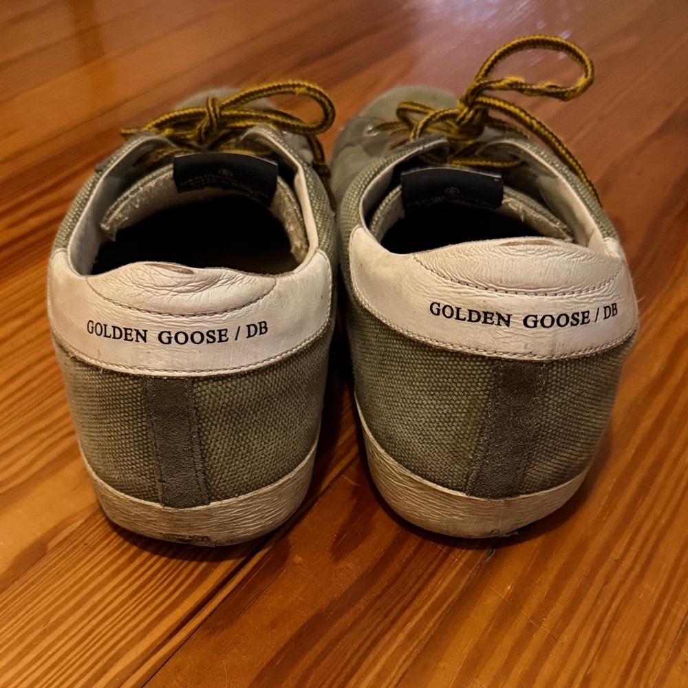 Golden Goose Olive Canvas Low-Top Sneakers with Black Star and Yellow Laces - Picture 3 of 6